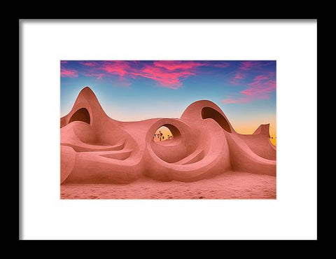 Art print of a bowl by a sand dune and a desert with a mountain of