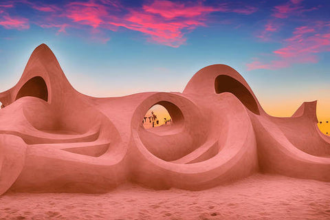 An adobe structure built into a sand beach in the desert