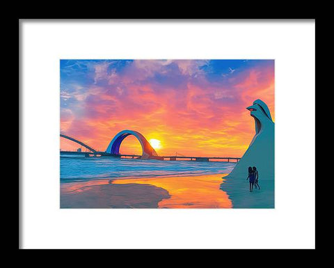 Two men enjoying a sunset in the ocean on an art print