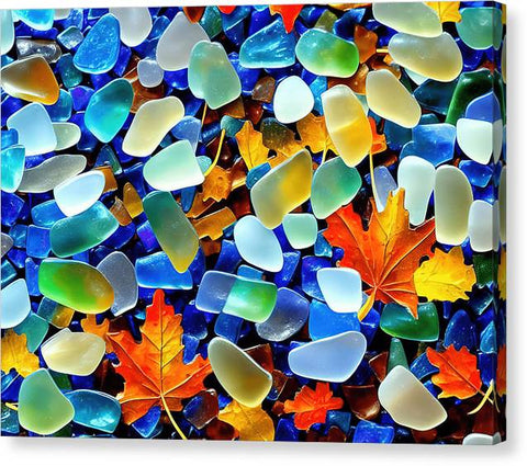 A wall tiles decorated with colorful glass pieces of glass.
