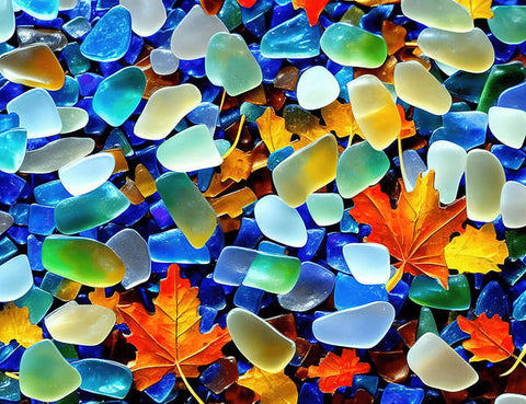 A beach is covered in colorful sea glass with jellies and small rocks.