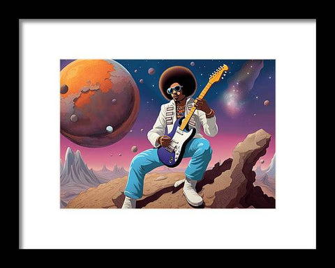 a painting of a man with a guitar on a rock in the desert