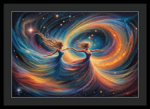 a painting of two women in a swirling dress, with stars in the background