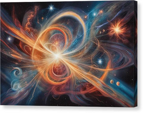 a painting of a star burst in space with planets and stars