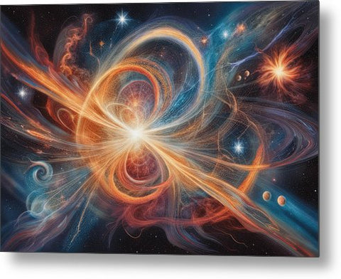 a painting of a star burst in space with stars and planets
