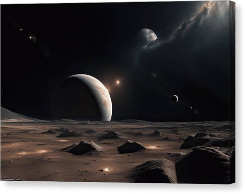 a view of the planets from the surface of the moon canvas print