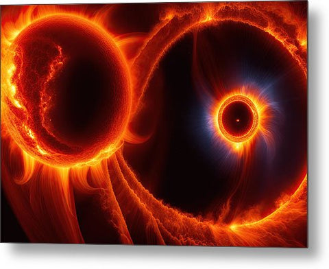 two orange and black spirals in space metal print