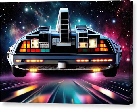 back to the future canvas print featuring a delorem car in the space