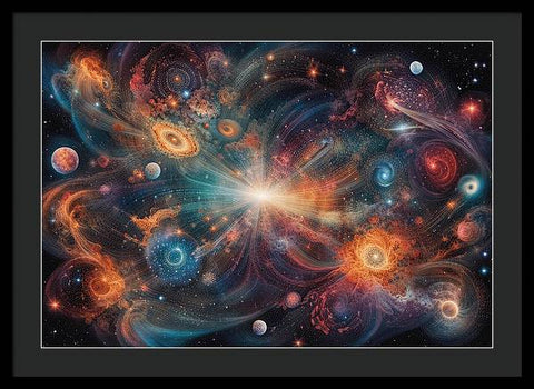 a painting of a space scene with planets and stars