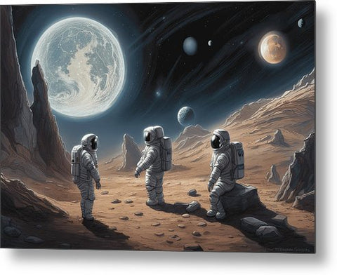 three astronauts on the surface of a planet with a moon in the background