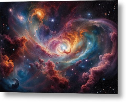 a large spiral galaxy with stars and clouds in the sky metal print
