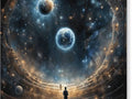a man standing in a tunnel looking at planets and stars