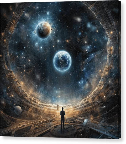 a man standing in a tunnel looking at planets and stars