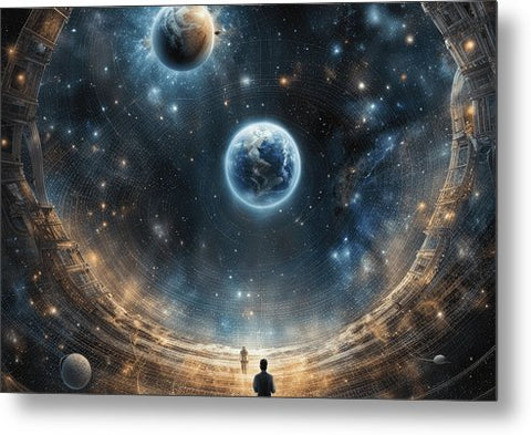 a man sitting in a meditation position looking at the planets metal print