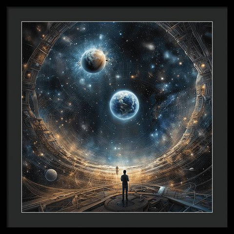 a man standing in a tunnel looking at the planets