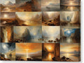 a painting of a collage of different landscapes with a sunset