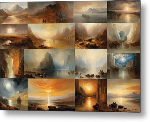 a collage of paintings of mountains and water with a sunset