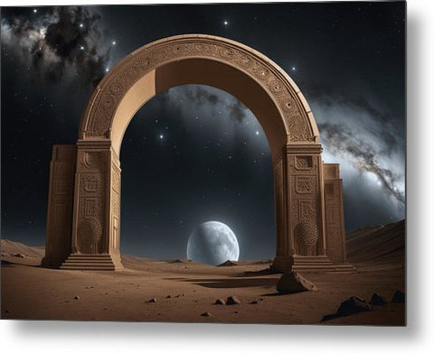 a view of the moon through an arch in the desert metal print
