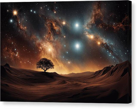 a lone tree in the desert with stars in the sky