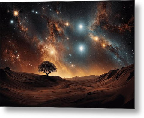 a lone tree in the desert with stars and a galaxy in the background