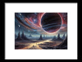 a painting of a distant landscape with a distant planet in the background