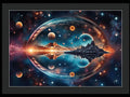 a picture of a space scene with planets and a spaceship