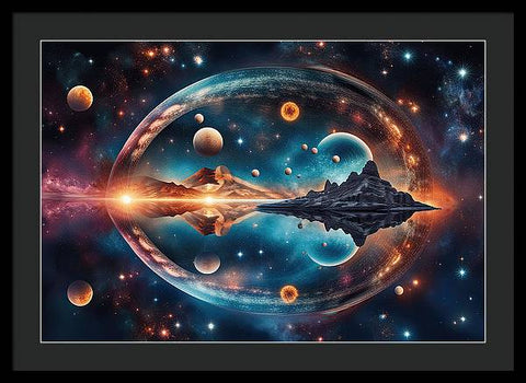 a picture of a space scene with planets and a spaceship