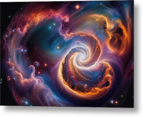a spiral galaxy metal print featuring a spiral galaxy with stars and nebulas