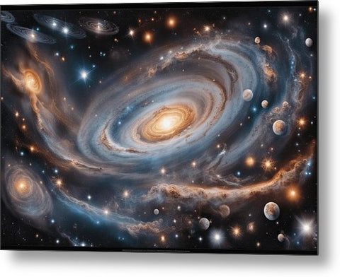 a spiral galaxy with stars and planets metal print