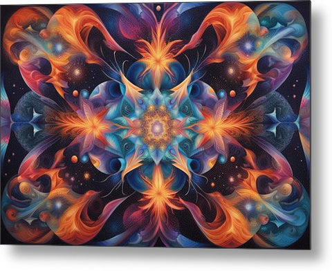 a colorful flower with many petals and stars in the background metal print