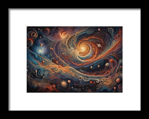 a painting of a spiral galaxy with stars and planets