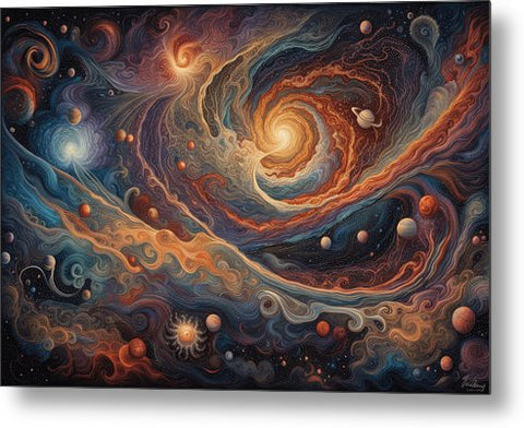 a painting of a spiral galaxy with planets and stars metal print
