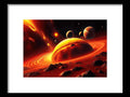 a painting of a planetary landscape with planets and a red planet