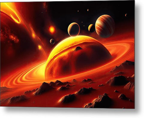 a group of planets in a red galaxy metal print
