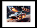 a painting of a sports car with a spaceship in the background