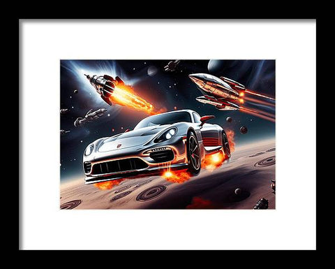 a painting of a sports car with a spaceship in the background