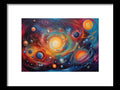 a painting of planets and sun in a galaxy with stars