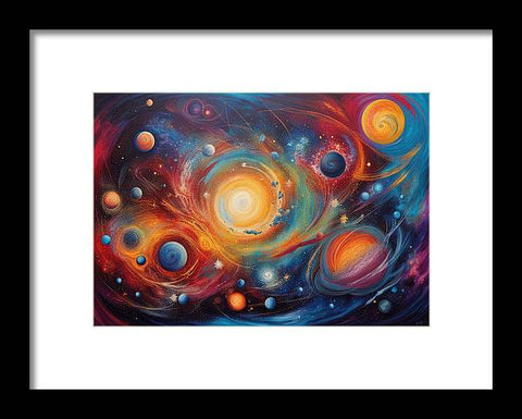 a painting of planets and sun in a galaxy with stars