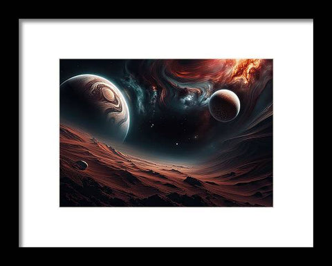 a painting of planets in the sky with a red nebula in the background