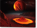 a red planet with a ring of lava in the foreground and a distant planet in the background