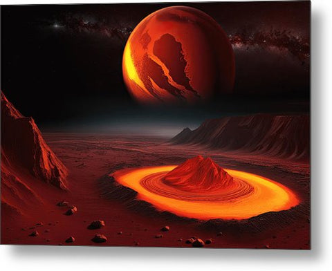 a red planet with a red ring in the middle of it metal print