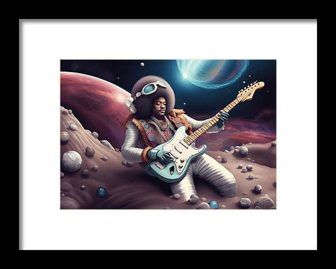 a picture of a man in a space suit playing a guitar