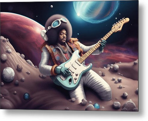 a painting of a man in space playing a guitar