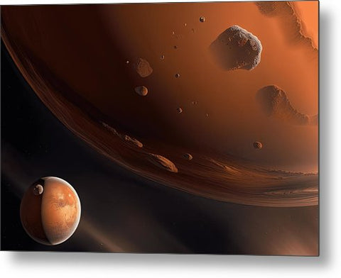 a view of a planet and a small moon from space metal print