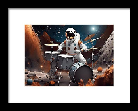 a man in a white astronaut suit playing drums on a planet