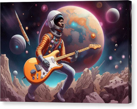 a man in an astronaut suit playing a guitar on a planet