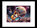 a man in a space suit playing a guitar in front of a planet