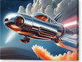a painting of a silver car flying through the sky with clouds