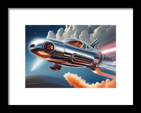 a painting of a car flying through the sky with a rocket coming out of it
