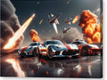 three sports cars with rockets flying over them canvas print